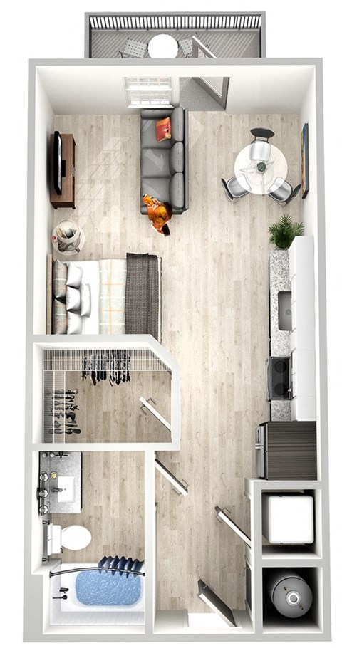 a stylized floor plan of a small apartment
